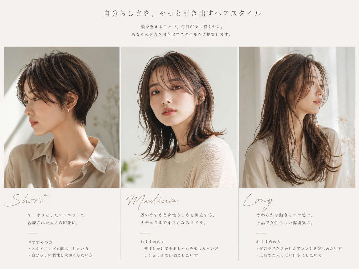 ショート、ミディアム、ロングのヘアスタイル写真一覧